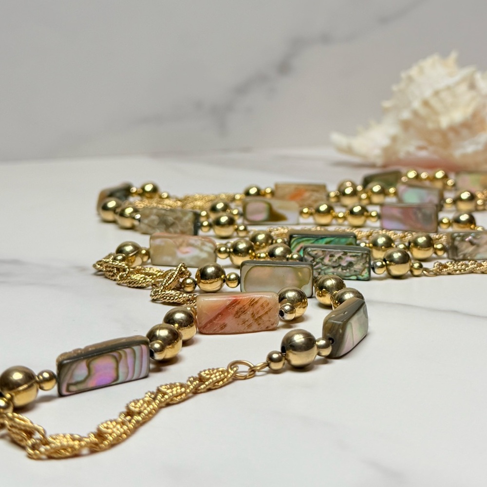 Gold Beaded Abalone Shell Pendant Necklace - Women Jewelry 55”